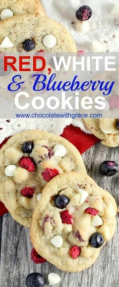 red, white and blueberry cookies on a wooden table with text overlay that says red, white & blueberry cookies