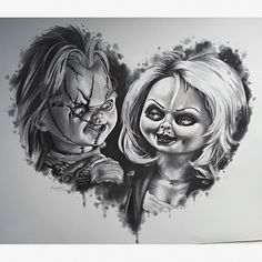 a drawing of two people in the shape of a heart, one with an evil face