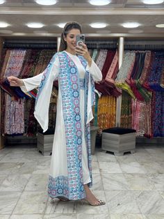 Abaya Thobe Thob Embroidered Palestinian Traditional Arabic Dress cardigan  internal dress included, ♥ LUXURIOUS UNIQUE NEW STYLE AND DESIGN: New style embroidered Abaya, show your charming taste, unique elegant style. Impress the crowd with this stunning look ♥ WONDERFUL for special events, weddings, bridal showers, henna, gatherings or even a special day out Best Embroidered Palestinian Abayas Online Check the size chart if you are uncertain about the size don't forget to leave your mobile pho Luxe Abaya, Luxury Abaya, Embroidered Abaya, Arabic Clothing, Arabic Dress, Moroccan Clothing, Dress Cardigan, Online Checks, Dress With Cardigan