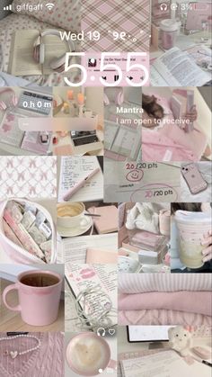 a collage of pink and white items