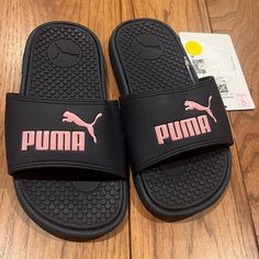 Puma Girls Pool Slides. Black With Pink Puma. Puma Slippers, Puma Sandals, Rihanna Puma, Puma Slides, Party Like A Rockstar, Cream Sandals, Toddler Sandals Girl, Pink Pumas, Chunky Platform Sandals