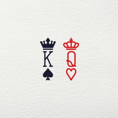 two hearts and a crown with the letter k in red, black and blue on white paper