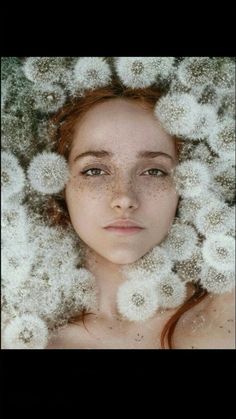 a woman with dandelions on her head is shown in the middle of an image