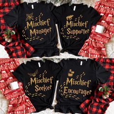 three shirts with the words mischef, scourger and christmas tree on them