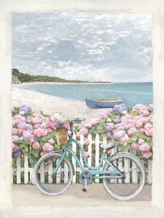 a painting of a bicycle parked in front of a white picket fence with pink flowers