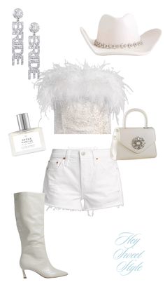 a woman's white outfit and accessories including boots, hat, handbag, purse