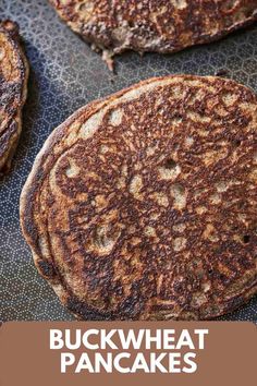 some pancakes that are sitting on top of a pan with the words buckwheat pancakes