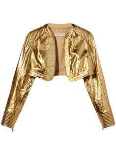 Luxury Gold Outerwear For Evening, Luxury Cropped Jacket For Evening, Designer Fitted Gold Outerwear, Gold Fitted Designer Outerwear, Luxury Gold Outerwear For Spring, Luxury Metallic Outerwear For Evening, Luxury Cropped Jacket For Evening In Fall, Luxury Cropped Jacket For Spring, Luxury Fitted Cropped Jacket For Party