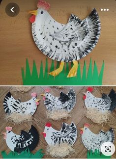 paper plate chicken craft for kids to make with straw and grass on the ground, in front of a wooden table