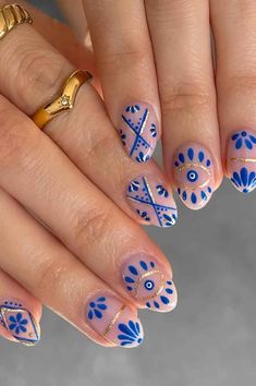 65+ Blue Nails With Designs + the Best Tutorials - The Mood Guide Hamsa Nails Evil Eye, Nails With Design Ideas, Light Blue Nails With Design, Blue Nails With Design, Match Nails, Blue Manicure, Mix Match Nails, Mandala Nails, Nails With Design