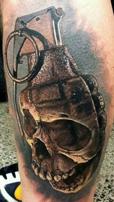 a man's leg with a tattoo on it that has an image of a skull and scissors