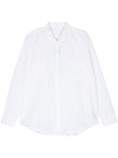 optical white cotton-silk blend poplin texture front button fastening classic collar long sleeves buttoned cuffs two chest patch pockets curved hem Classic Daywear Blouse With Buttoned Pockets, White Shirt With Concealed Placket For Summer, White Blouse With Concealed Placket And Fold-down Collar, White Blouse With Concealed Placket For Office, Classic Shirt With Spread Collar And Buttoned Pockets, Classic Office Tops With Buttoned Pockets, Business White Blouse With Spread Collar, Formal Long Sleeve Tops With Buttoned Pockets, White Business Blouse With Spread Collar