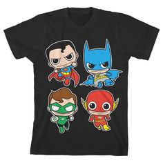 Fans of The Justice League are sure to love this youth black graphic tee. The DCO Toyetic tee features a big, colorful graphic that has been professionally printed to ensure long-lasting print quality. The DC Comics fan apparel tee shirt is black, and has short sleeves for comfort and style in any weather. The classic comic book characters apparel is made of 100% preshrunk cotton jersey. It can be machine washed in cold water with like colors, then tumble dried for easy care. As an officially li Multicolor Cartoon Print T-shirt For Fans, Superhero Graphic T-shirt For Fans, Pre-shrunk Themed Multicolor T-shirt, Multicolor Pre-shrunk Themed T-shirt, Themed Multicolor Pre-shrunk T-shirt, Pop Culture Black T-shirt For Fan Merchandise, Pop Culture Multicolor T-shirt With Character Print, Multicolor Pop Culture T-shirt With Character Print, Black Pop Culture T-shirt For Fan Merchandise