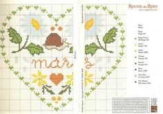 a cross stitch pattern with flowers and leaves on it's side, in the shape of a heart