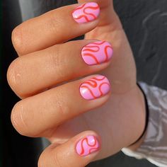 Cute Nails Pink And Orange, Pink And Orange Gel Nail Designs, Orang And Pink Nail, Cute Gel Nails Short, Pink And Orange Gel Nails Short, Pink Groovy Nails, Orange Groovy Nails, Nail Ideas, Happy Nails