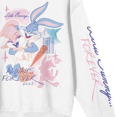 Embrace everlasting love with this adult white Looney Tunes crew neck long sleeve sweatshirt, featuring an adorable image of Lola and Bugs Bunny, complemented by enchanting purple and pink "Always Forever" lettering on the left sleeve. Made with a blend of cotton and polyester, this sweatshirt offers both comfort and durability for everyday wear. Funny Print Long Sleeve Sweatshirt For Streetwear, White Funny Print Winter Sweatshirt, White Sweatshirt With Funny Print For Winter, White Winter Sweatshirt With Funny Print, White Crew Neck Sweatshirt With Cartoon Print, White Cartoon Print Crew Neck Sweatshirt, Lola Bugs Bunny, Lola And Bugs Bunny, Lola And Bugs