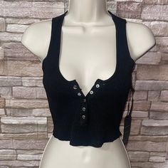 Black Knit Ribbed Cropped Top Short Sleeves Snap Button Top Closure Imported New With Tags Black Ribbed Button-up Top, Black Knit Tops With Button Closure, Black Knit Button-up Top, Black Cropped Top With Buttons, Biker Chick, Club Style, Button Top, Knit Crop Top, Knit Crop