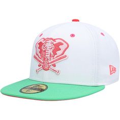 Officially Licensed MLB Men's New Era Alternate Logo Watermelon Lolli Fitted Hat - Oakland Athletics  This authentic Fanatics branded baseball hat is perfect for showcasing team spirit.  Flat bill design with ability to curve for a super trendy look and great addition to your sports apparel collection.         Fitted Structured, High Crown      Embroidered graphics with raised details, Six panels with eyelets     Material: 100% Polyester      Care: Wipe clean with a damp cloth      Red underviso White Snapback Hat For Fan Gear, White Flat Bill Baseball Cap For Baseball Season, White Flat Bill Baseball Cap For Fan Gear, White Snapback Fitted Hat For Fan Gear, White Flat Brim Fitted Hat For Baseball Season, White Flat Brim Hat For Fan Gear, Green Baseball Cap For Baseball Season, White Fitted Hat With Curved Brim For Baseball Season, Green Curved Bill Hat For Baseball Season