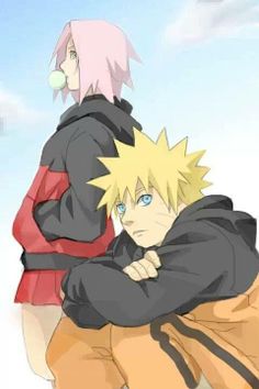 naruto and sashirt are hugging in front of the sky with their arms around each other