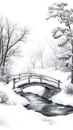 a black and white drawing of a bridge over a stream in the snow with trees