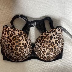 Paramour Animal Print Bra Black Brown Tan Colors Lace Details Carolina Seamless Plunge Style Nwt New With Tags Size 32 G Stretch Underwire Bra In Leopard Print, Leopard Print Stretch Underwire Bra, Push-up Bra With Medium Support For Night Out, Purple Lace Bra, Leopard Print Bra, Blue Lace Bra, Printed Bras, Unlined Bra, Racerback Bra