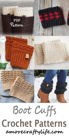 crochet patterns for boot cuffs and mittens with text overlay that reads, boot cuffs crochet patterns