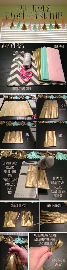 the instructions for how to make an easy diy project with gold and pink paper