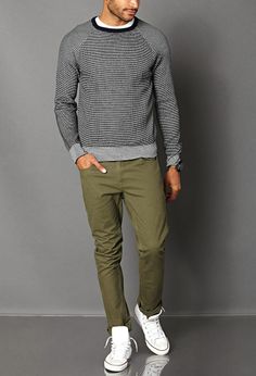 Olive Pants Outfit Winter, Olive Green Chinos Outfit Men, Olive Chinos Men Outfits, Mens Green Pants Outfit, Green Chinos Outfit Men, Green Pants Outfit Men, Untied Shoelaces, Striped Raglan Sweater, Mens Fall Outfit