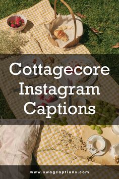 a picnic table with food on it and the words cottage core instagramn captions