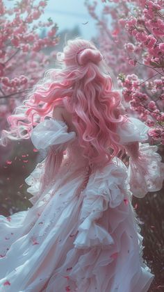 a woman with pink hair in a white dress standing next to some trees and flowers