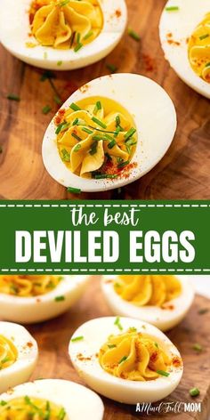 deviled eggs on a wooden cutting board with text overlay that reads the best deviled eggs