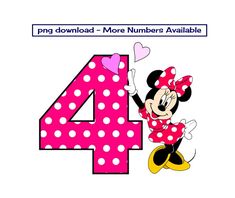 the number 4 minnie mouse with hearts on it's head is shown in pink and white