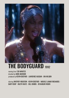 an advertisement for the bodyguard, featuring a woman singing in front of a microphone