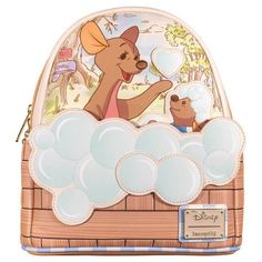 Loungefly Disney Winnie The Pooh Kanga & Roo Bathtime Mini Backpack -  Bathe in the sweet scene of this mother and son duo! Along with Winnie the Pooh and their other friends in Hundred Acre Wood, Kanga and Roo were inspired by stuffed toys owned by A.A. Milne's son. Like any mother, Kanga is doting and always looks out for her son's best interests. Roo, an adventurous young joey, is more than often a handful. In his enthusiasm and excitement about the world, Roo loves to explore and often gets himself in messy situations-sometimes literally. On the front of this backpack, in beautiful illustration, Kanga lovingly bathes Roo in a tub overflowing with applique bubbles. In fact, the bubbles are actually hiding the front zipper compartment! With bubbles crowning his head, Roo looks up at Kang Winnie The Pooh Kanga, Disneyland Backpack, Kanga And Roo, Disney Colors, Loungefly Bag, Mother And Son, Disney Bag, Beautiful Illustration, Loungefly Disney