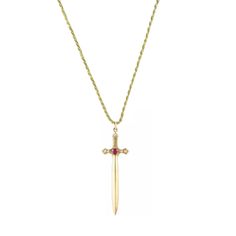 18k gold plated 925 sterling silver Clear and Garnet Stones Adjustable chain: 18"-20" Charm 38mm in length Gold Dagger Necklace, Spiritual Jewel Pendant Necklace, Spiritual Pendant Necklace With Jewels, Dagger Jewelry, Dagger Necklace, Edgy Jewelry, Dragon Jewelry, Custom Pendants, Adjustable Bangle