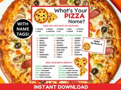 a pizza party game is shown with the name tag on it and an image of personalized pizzas