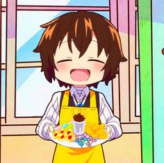 an anime character holding a plate with food on it and looking at the camera while standing in front of a window