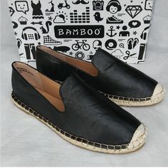 Black Leather Espadrilles. Brand Now. Never Worn. In Box. Trendy Leather Slip-on Espadrilles, Black Casual Spring Flats, Black Casual Flats For Spring, Casual Black Flats For Spring, Trendy Leather Flat Espadrilles, Casual Leather Espadrilles For Outings, Black Casual Espadrilles, Black Casual Espadrilles With Round Toe, Casual Black Espadrilles With Flat Heel