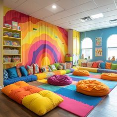 a colorful room with lots of bean bags on the floor