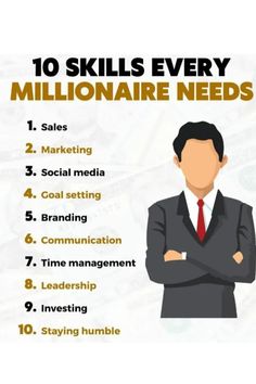 a man in a suit standing with his arms crossed and money behind him that says 10 skills every millionaire needs