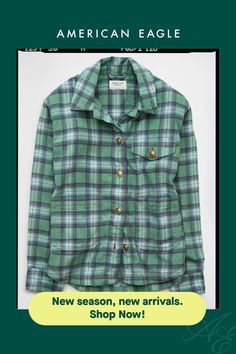 Collared neck/Button-up front/Chest pocket with flap button closure/Patch pockets at front/Curved hem | Plaid print/This is Real Good: Made with the planet in mind & a promise to continue to do better. Plaid Shacket, Do Better, Plaid Print, Chest Pocket, American Eagle Outfitters, Women's Jeans, Button Up Shirts, American Eagle, Button Up