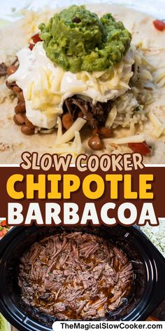 slow cooker chipotle barbacoa recipe with the title above it