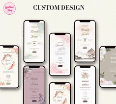 six iphones with floral designs on them and the text custom design is displayed in different colors