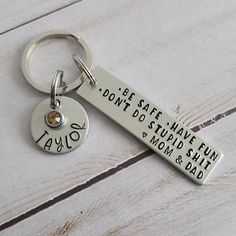 New driver keychain for son, funny keychain from mom and dad, Don't do stupid shit keychain, Hand Stamped Keychains, 18th Birthday Daughter Metal Stamped Jewelry Diy, Sweet 16 Birthday Gifts, Gifts For New Drivers, Birthday Daughter, Funny Keychain, Dad Keychain, Metal Stamped Jewelry, Hand Stamped Keychain, New Driver