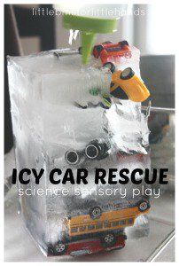 an ice block with a toy car in it and the words icy car rescue