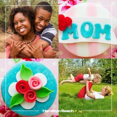 two women and one man are posing for pictures in front of decorated cakes with flowers on them