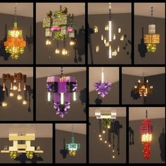 many different types of lights hanging from the ceiling in various shapes and sizes, all with flowers on them