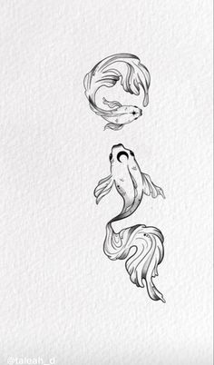 an ink drawing of two fish swimming in the water