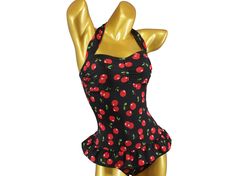 High-quality, vintage-inspired halterneck swimsuit with cherries all-over print and a suggested, all-round skirt, made of durable Italian polyamide-elastane mix. Thanks to selected materials and tailor-made cuts, swimsuits and bikinis from Aloha-Beachwear are very comfortable to wear. - Material: 80% polyamide / 20% elastane - Fully lined - all-round skirt - UV & chlorine resistant / salt water resistant - Color: Multicolour - Size: S / Small / EU 36 / UK 10 / US 4 M / Medium / EU 38 / UK 12 / U Fitted Strawberry Print Swimwear For Poolside, Fitted Strawberry Print Swimwear For Beach, Fitted Swimwear With Strawberry Print For Beach, Retro Halter Neck Swimwear For Pool, Fitted Beach Swimwear With Strawberry Print, Red Cherry Print Swimwear For Beach, Red Cherry Print Swimwear For Summer, Red Cherry Print Swimwear, Vintage Halter Neck Swimwear For Summer