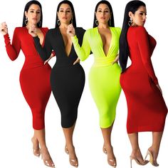 Deep V-neck Bodycon Pencil Slim Evening Party Dress V-neck Bodycon Mini Dress For Dinner, Fitted V-neck Midi Dress For Club, V-neck Stretch Midi Dress For Party, Stretch V-neck Dress For Spring Party, Long Sleeve Bodycon V-neck Party Dress, Stretch V-neck Midi Dress For Party, Stretch Midi-length V-neck Dress For Party, Stretch Midi Length V-neck Dress For Party, V-neck Bodycon Midi Dress For Dinner